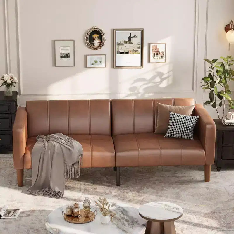 Divano letto futon convertibile 75, divano letto a due posti in pelle PU, schienale regolabile, tasche laterali, divano letto salvaspazio, marrone