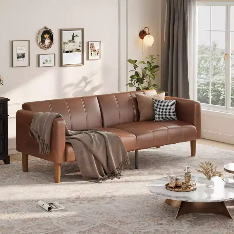 Divano letto futon convertibile 75, divano letto a due posti in pelle PU, schienale regolabile, tasche laterali, divano letto salvaspazio, marrone