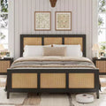 Black Boho Cane Full Size Rattan Bed Frame with Headboard, Strong Metal Slat, Noise Free, No Box Spring Needed