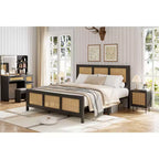 Letto a baldacchino Bohémien in Rattan Nero di Dimensioni Standard con Testiera, Solida Rete a Doghe in Metallo, Silenzioso, Nessuna Base a Molle Necessaria