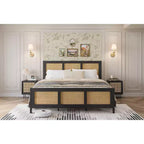 Letto a baldacchino Bohémien in Rattan Nero di Dimensioni Standard con Testiera, Solida Rete a Doghe in Metallo, Silenzioso, Nessuna Base a Molle Necessaria