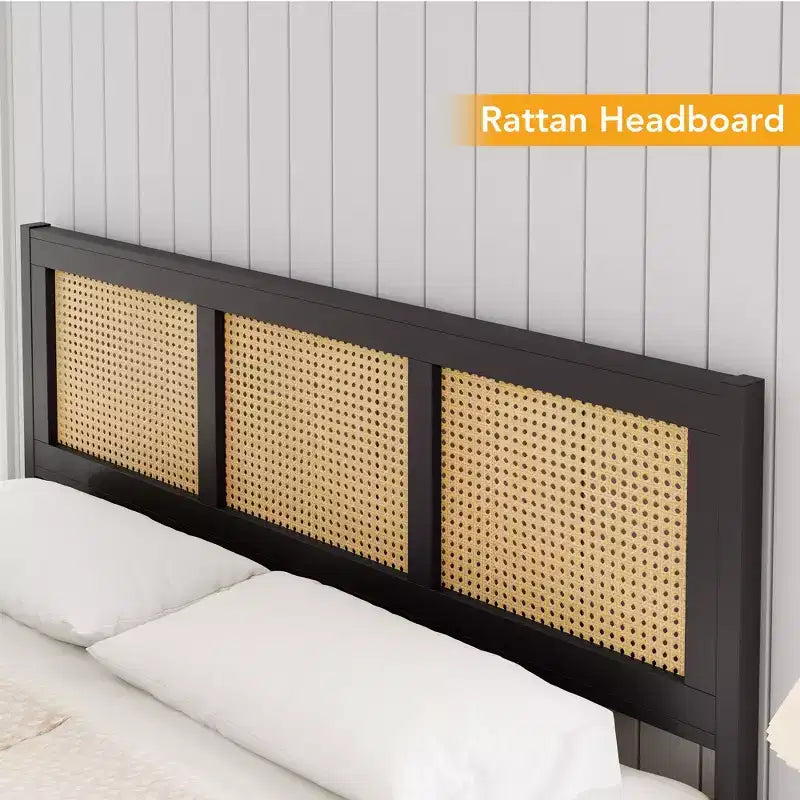 Letto a baldacchino Bohémien in Rattan Nero di Dimensioni Standard con Testiera, Solida Rete a Doghe in Metallo, Silenzioso, Nessuna Base a Molle Necessaria