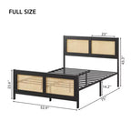 Letto a baldacchino Bohémien in Rattan Nero di Dimensioni Standard con Testiera, Solida Rete a Doghe in Metallo, Silenzioso, Nessuna Base a Molle Necessaria