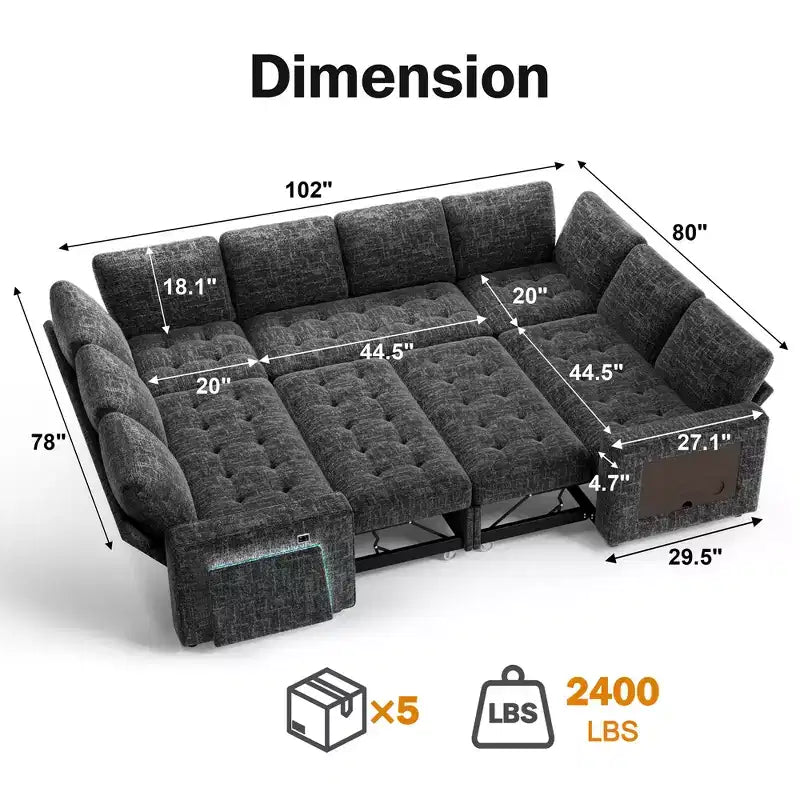 Divano componibile a U a 8 posti con letto estraibile, schienale reclinabile, porte USB, luci LED, montaggio senza attrezzi, in ciniglia beige