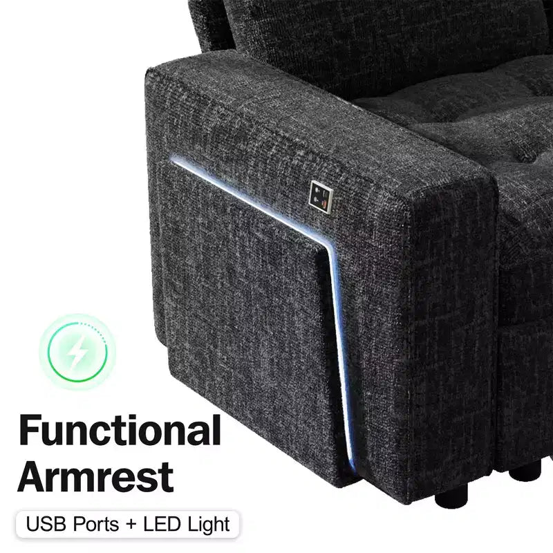 Divano componibile a U a 8 posti con letto estraibile, schienale reclinabile, porte USB, luci LED, montaggio senza attrezzi, in ciniglia beige