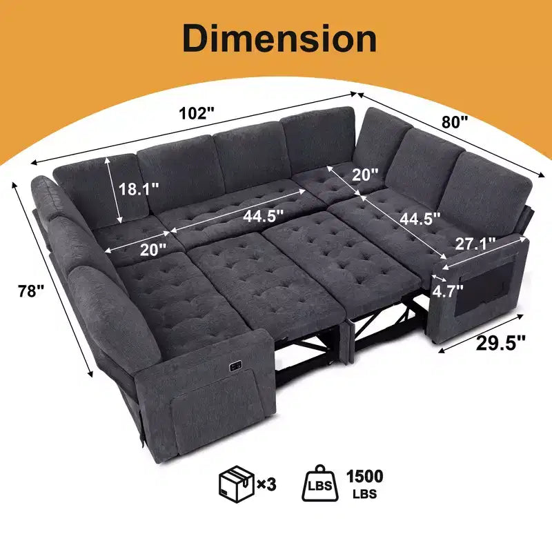 Divano componibile a U a 8 posti con letto estraibile, schienale reclinabile, porte USB, luci LED, montaggio senza attrezzi, in ciniglia beige