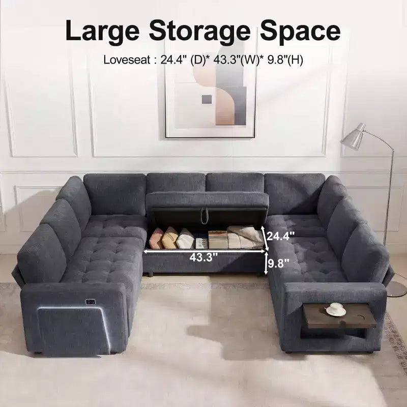 Divano componibile a U a 8 posti con letto estraibile, schienale reclinabile, porte USB, luci LED, montaggio senza attrezzi, in ciniglia beige