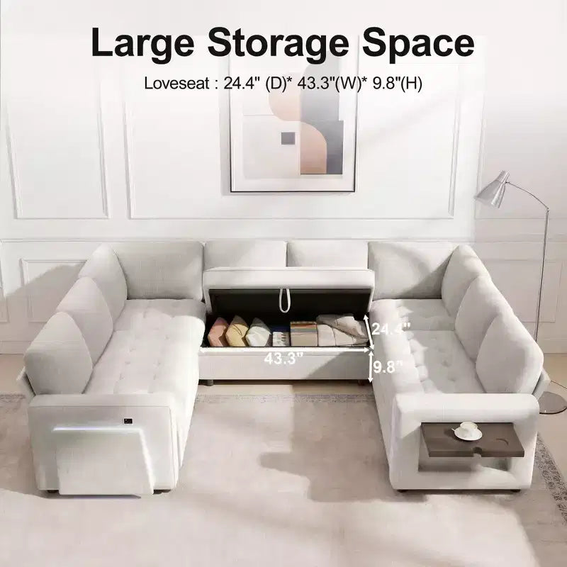 Divano componibile a U a 8 posti con letto estraibile, schienale reclinabile, porte USB, luci LED, montaggio senza attrezzi, in ciniglia beige