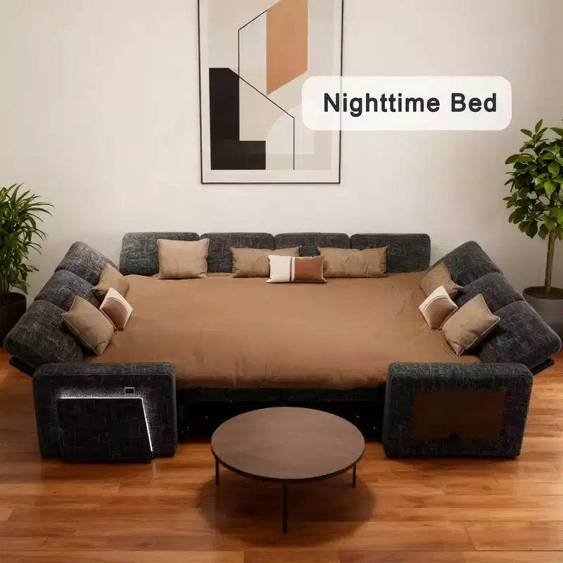 Divano componibile a U a 8 posti con letto estraibile, schienale reclinabile, porte USB, luci LED, montaggio senza attrezzi, in ciniglia beige