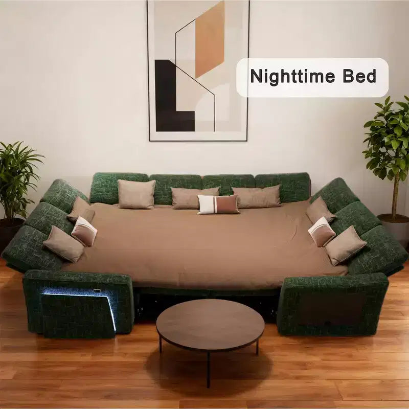 Divano componibile a U a 8 posti con letto estraibile, schienale reclinabile, porte USB, luci LED, montaggio senza attrezzi, in ciniglia beige