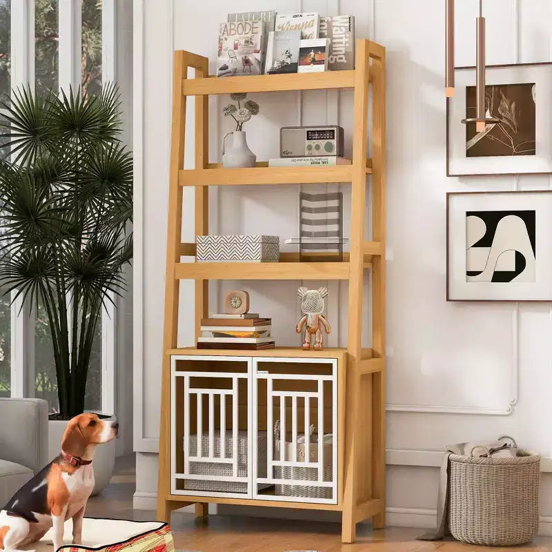 Okak Modern 2 In 1 Bookshelf, Multifunctional Ladder Bookshelves with Dog Crate, Tall Display Case for Living Room, Study Room, Ancient Oak