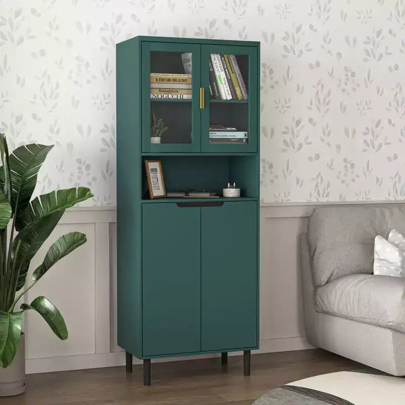 Libreria Alta con Ripiani Regolabili, Scaffali Autoportanti con 4 Ante in Vetro Temperato, Vetrina per Soggiorno, Ufficio, Verde