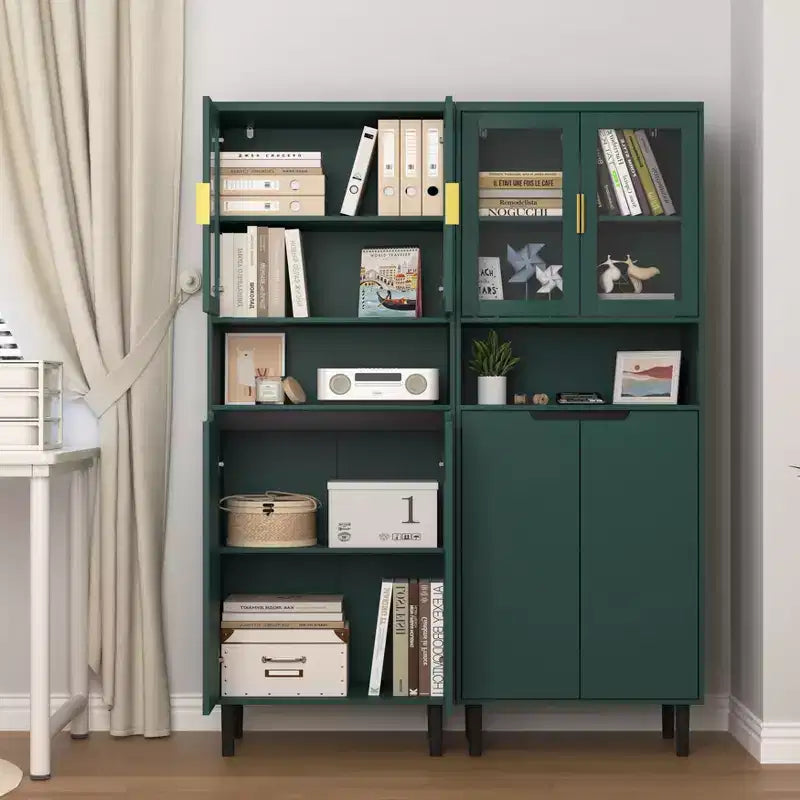Libreria Alta con Ripiani Regolabili, Scaffali Autoportanti con 4 Ante in Vetro Temperato, Vetrina per Soggiorno, Ufficio, Verde