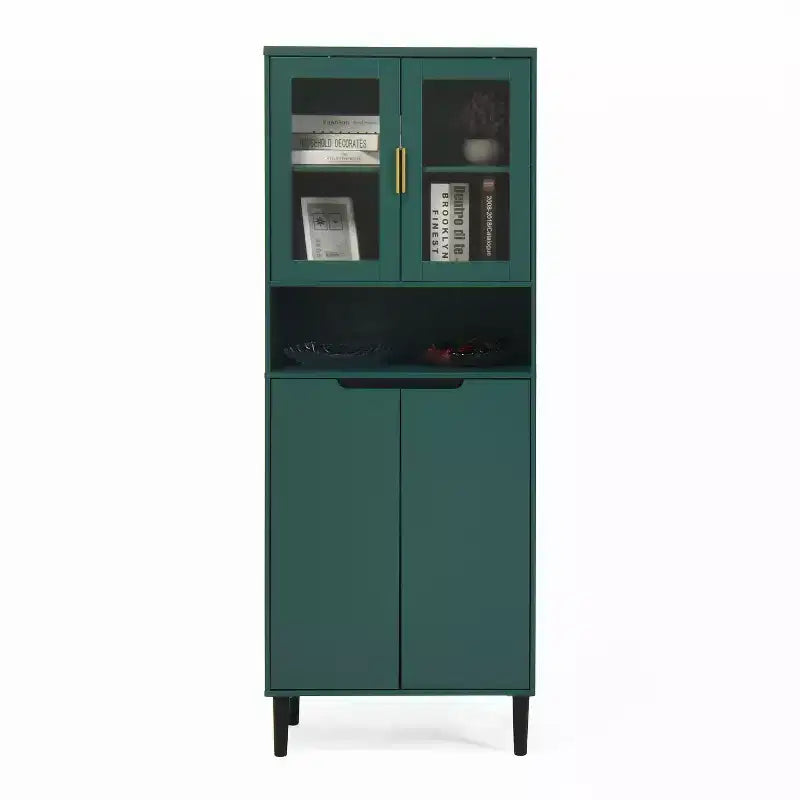 Libreria Alta con Ripiani Regolabili, Scaffali Autoportanti con 4 Ante in Vetro Temperato, Vetrina per Soggiorno, Ufficio, Verde