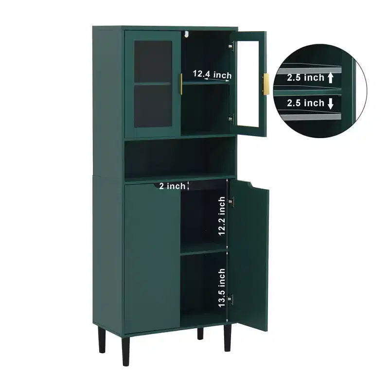 Libreria Alta con Ripiani Regolabili, Scaffali Autoportanti con 4 Ante in Vetro Temperato, Vetrina per Soggiorno, Ufficio, Verde
