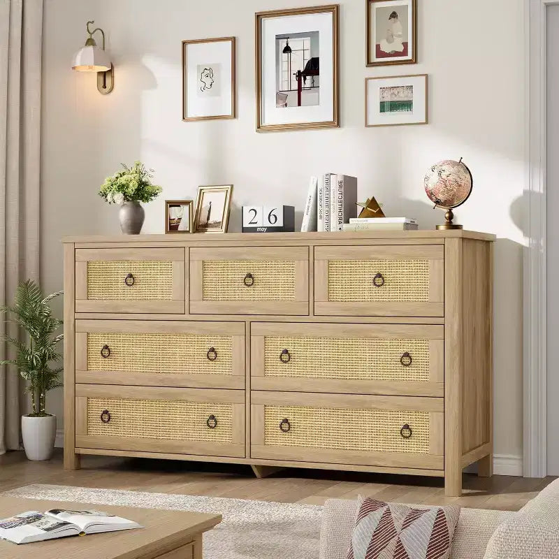 Cassettiera in Rattan a 7 Cassetti, Cassettiera Boho per Camera da Letto, Cassettiera, Organizzatore per Armadio, Cassettiera in Legno Naturale per Camera da Letto, Soggiorno, Ingresso
